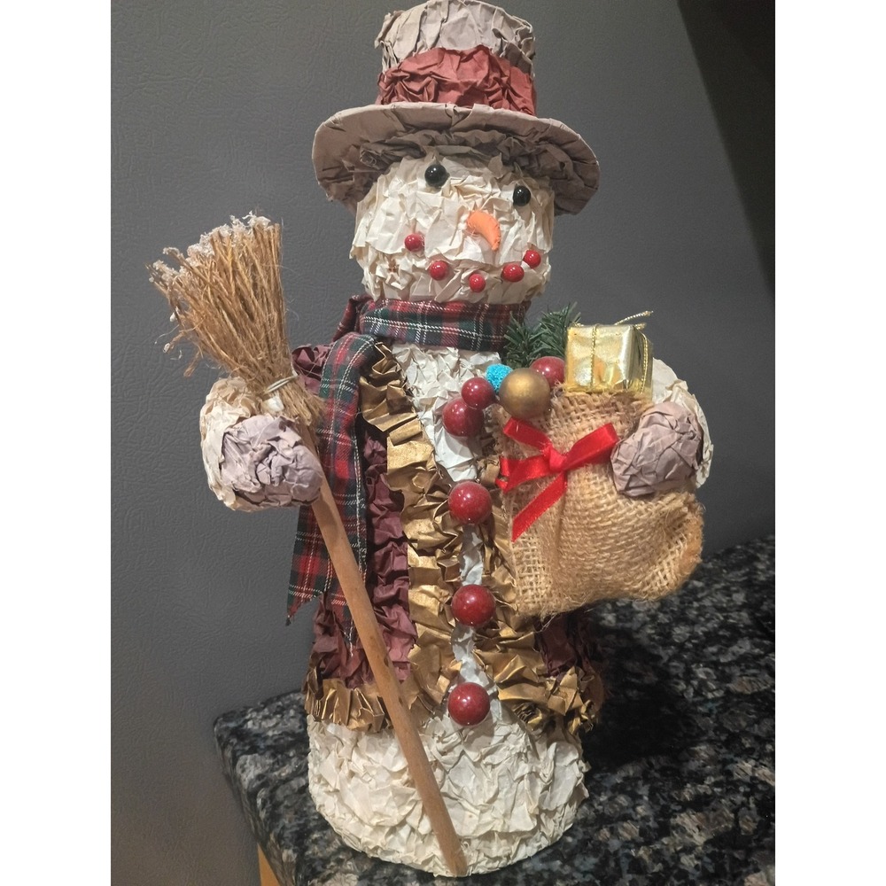 Vintage Style Paper Mache Snowman Figurine Christmas Decor 16 Inch Large